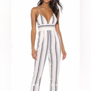 Revolve Superdown L White Navy Blue Stripe Cotton Jumpsuit Strappy Straight Leg